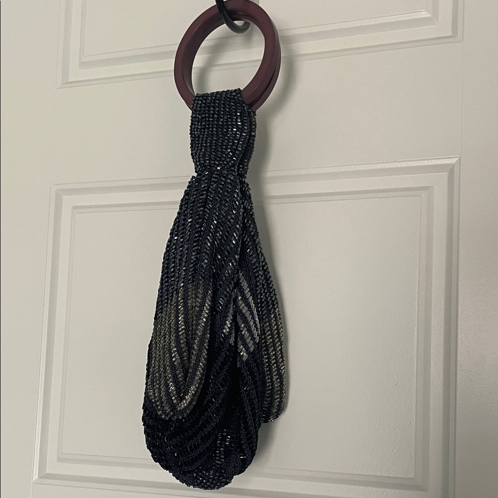 Black and Silver Beaded Handbag with magnetic Circular Handle